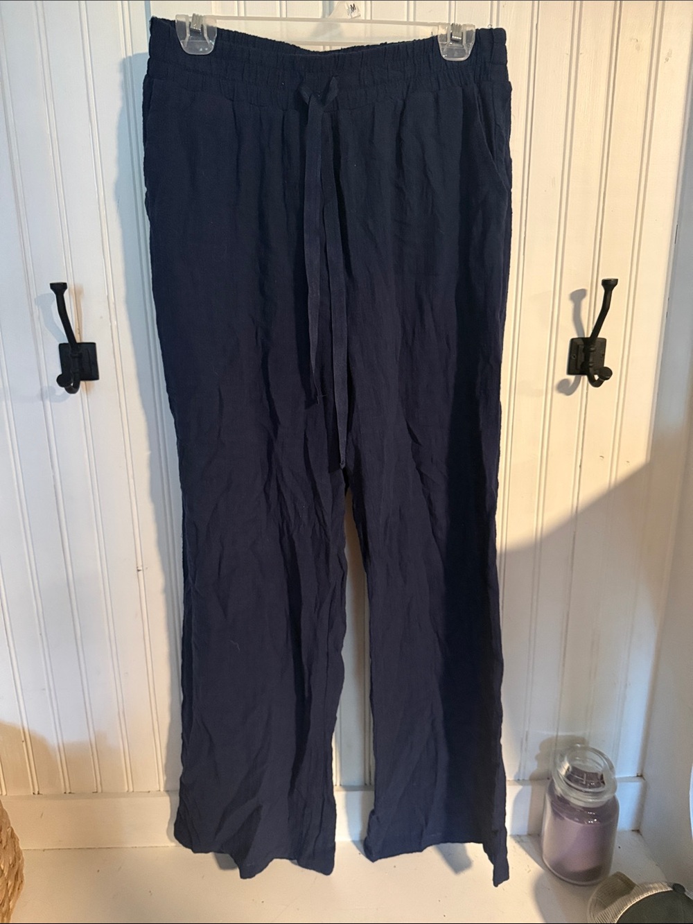 Navy Drawstring Linen-Blend Pant